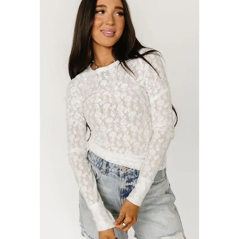 Women's Embellished Lace Long-Sleeve Slim Stretchy Blouse - Unlined, Fabric-Focused, Flattering Fit Top for Daily Wear, Embellished Lace Blouses & Shirts