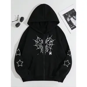 Women's Star & Spider Web Print Drop Shoulder Zip Up Hoodie, Fashion Casual Drawstring Pocket Hooded Sweatshirt for Daily Holiday Outdoor Wear, Women Clothes for Spring & Fall