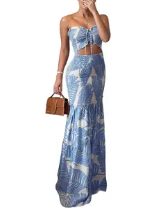 Women's 2026 Versatile Fashion Bandeau Sleeveless Long Dress, Sexy Smocked Ruched Multi-Color Leaf Print Design Sense Maxi Dress for Evening Event Club Holiday Daily Wear