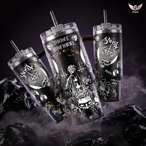 GHOST - Dance Macabre Rock Band Blue Graphic Papa Emeritus & Ghouls Sayal 20 oz Vacuum Insulated Cup Straw 12H+ Hot Cold For Music Lovers & Dark Aesthetic Vibes Gothic Metal Style Leak-Proof BPA-Free Stainless Steel Travel Mug For Fans
