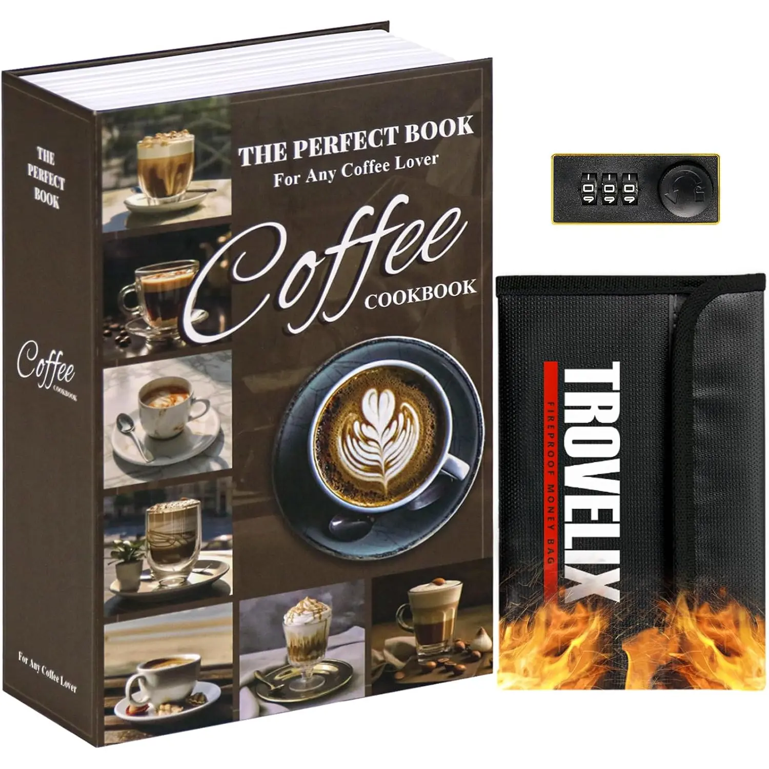 Book Safe with Combination Lock, Hidden Safe (9.5 x 6.2 x 2.2 Inch) with Fireproof Bag, Secret Diversion Safe, Hollow Book Box Hidden Storage, Money Safe Box for Cash (COFFEE)