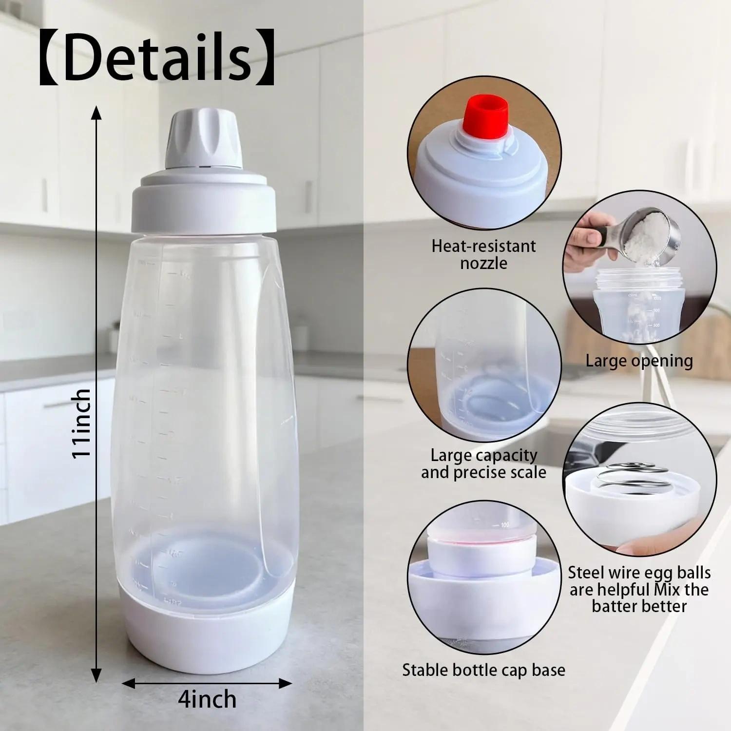 Handheld Batter Dispenser, Batter Mixing Bottle with Scale, Pancake Batter Dispenser, Kitchen Gadgets for Home Use, Utensils,Pancake Batter Dispenser with Blender Balls, Kitchen Batter Squeezer Bottle Suitable for Cupcakes, Pancakes, Muffins Smooth