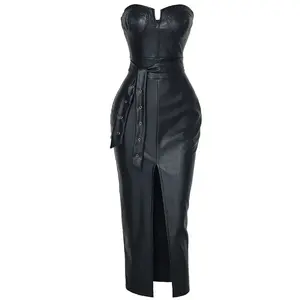 Sexy Nude Back PU Leather Dress