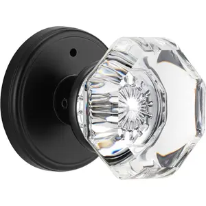 Glass Door Knobs Interior with Lock, Octagon   Round Matte Black Door Knobs for Bedroom Bathroom