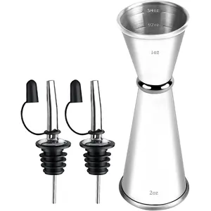 Jigger for Bartending with 2 Pourers,  Jigger with 5 Measurements Inside, Jigger 2 OZ 1 OZ, Shot Measure Jigger, Bar Bartender Tool Accessories (,1Jigger+2 Pourers with Caps