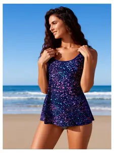 Women's Tankini Set Galaxy Print - 2 Piece Swimsuit Modest Bathing Suit with Striped High Waisted Bottom; Flowy Tops for Women; Swimsuits for Vacation