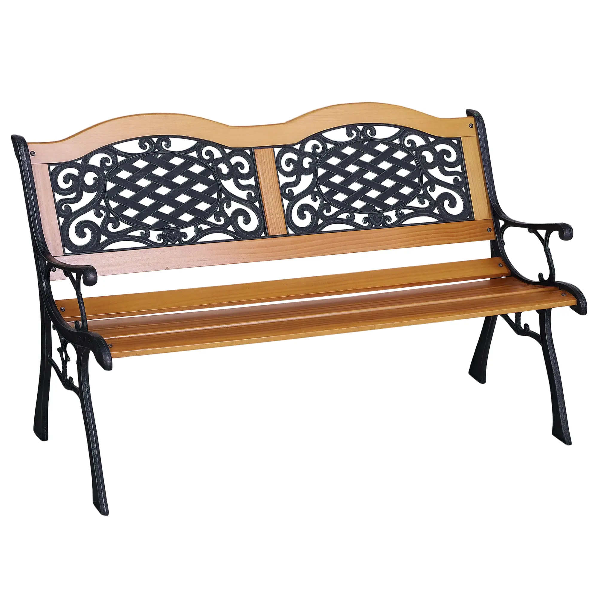 Outsunny 50" Sturdy Tough Outdoor Rated Permanent Exterior Bench - Indoor Outdoor Furniture, Pine Wood Seat, Antique Green Plastic Flourish Backrest, Patio Loveseat for Porch, Backyard, Outdoor Rated Benches