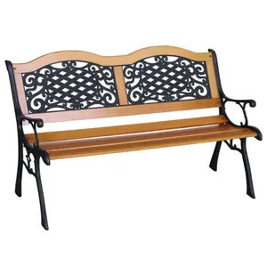 Outsunny 50" Outdoor Garden Bench, Park Bench with Pine Wood Seat, Antique Plastic Flourish Backrest, Patio Loveseat for Porch, Backyard, Deck, Lawn, Outside Pool, Antique Green and Natural Wood