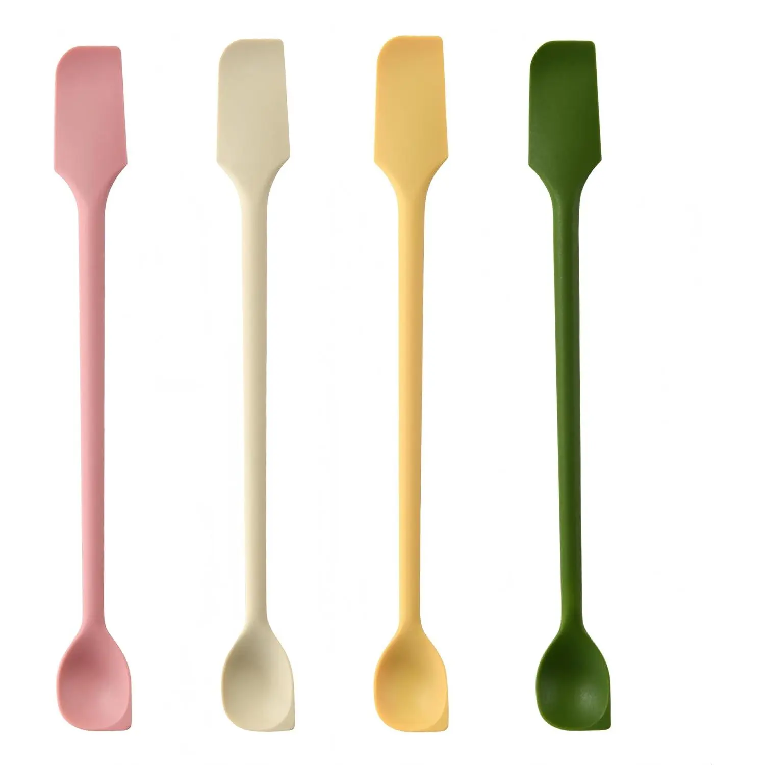 Long Dual-end  Spatula, Stirring Spoon, Thin Curved End for Scraping, Slim Spoon End for Scooping and Mixing, 4 Pack