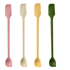 Long Dual-end  Spatula, Stirring Spoon, Thin Curved End for Scraping, Slim Spoon End for Scooping and Mixing, 4 Pack