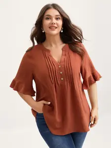 BloomChic Women's Plus Size Rust Fitted Half-Sleeve Ruffle Pleated Blouse - V-Notch Neckline Lengthening Design, Button-Accented, Casual Ruffle Hem, Lightweight Smooth Polyester Fabric, Casual Office Basic Shirts [M-6X] 2026 Summer Pick Womenswear