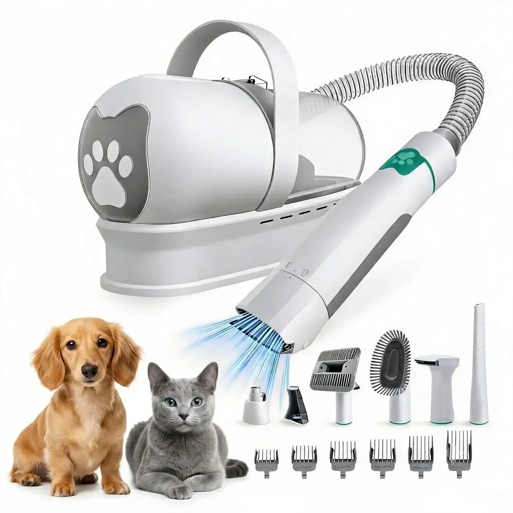 7 in 1 Dog Grooming Vacuum Kit, Cat & Dog Hair Vacuum Brush for Shedding - Includes Deshedding Mitts, Rollers, Nail & Paw Trimmer