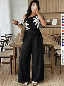 Plus Size Women's Casual Elegant Solid Color Print Short Sleeve off Shoulder Jumpsuit, Slanted Straps Pockets Belted Long Pants Comfort Fashion Design