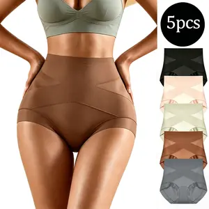 Women's High-Waisted Fitted Panties (5-Pack) — Body-hugging and contouring, breathable and silky-smooth, featuring a seamless wide waistband design; comfortable lingerie suitable for all seasons, available in sizes S through XXXL.