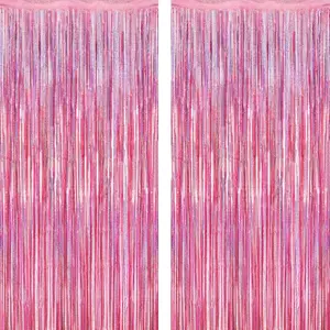 2 Pack Glitter Pink Backdrop, 3.28 FT x 7.05 FT Birthday Party Decorations, Laser Pink Fringe Curtains Foil Streamer Tinsel, Pink Curtains Photo Backdrop Happy Birthday Valentines Day Backdrop