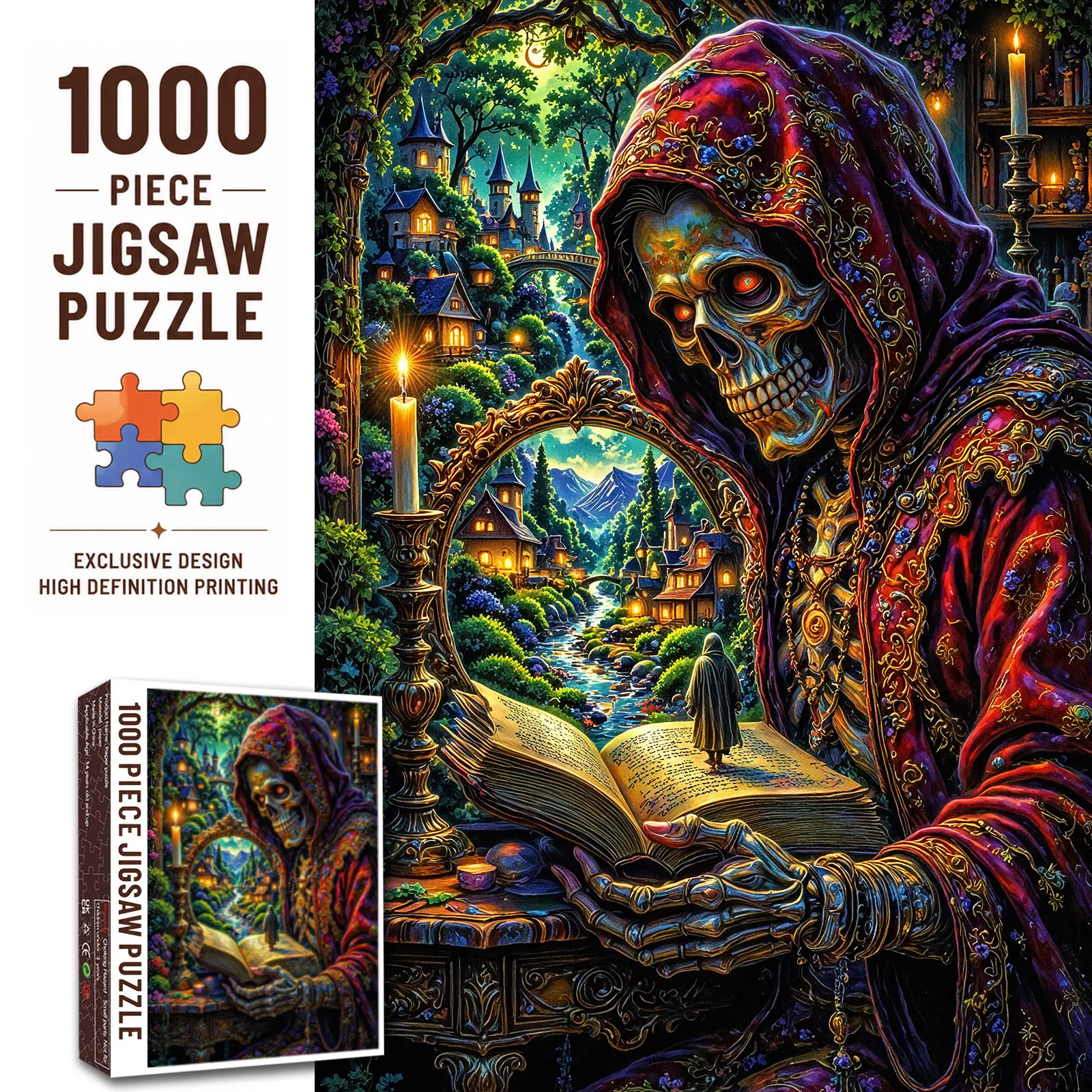 Walarky Gothic Grim Reaper 1000 Pieces Jigsaw Puzzle for Adults, Dark Fantasy Skeleton Book Art, Challenging Family Game for Stress Relief Relaxation Brain Exercise, Halloween Gift for Seniors and Wall Decor 27.5x20inch(70x50cm)