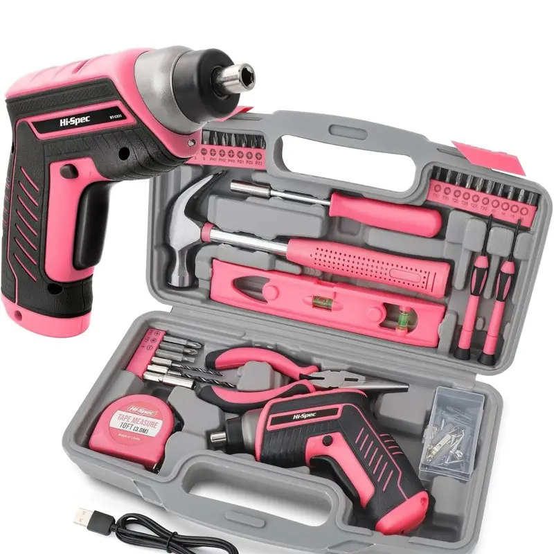 Hi-Spec 35pc Pink Tool Kit with 3.6V USB Electric Screwdriver and Drill Set - Complete Women Tool Set
