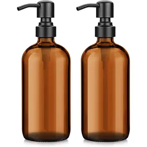 Amazerbath Amber Glass Soap Dispenser, 2 Pack Thick Amber Pint Jar Bottle with Black Pump Stainless Steel, 17 Oz Bathroom Hand Soap Dispenser for Liquid Lotion, Dish Soap Dispenser for Kitchen AmazerBath