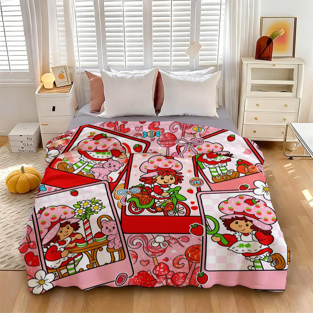 Strawberry Shortcake Flannel Throw Blanket, Sweet Strawberry Girl & Cat Design, Cartoon Pattern Blanket, Soft Lightweight Cozy, child Room Sofa Decor, Nostalgic Gift Suitable for all four seasons A gift suitable for fans, friends and children