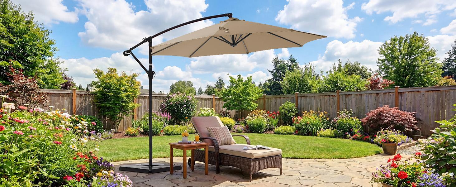 【With Base】10ft Offset Outdoor Patio Umbrella with Base, Easy Tilt & Crank, Adjustable Polyester Shade for Garden, Backyard, Poolside 【With Base】10ft Offset Outdoor Patio Umbrella with Base, Easy Tilt & Crank, Adjustable Polyester Shade for Garden, Backyard, Poolside