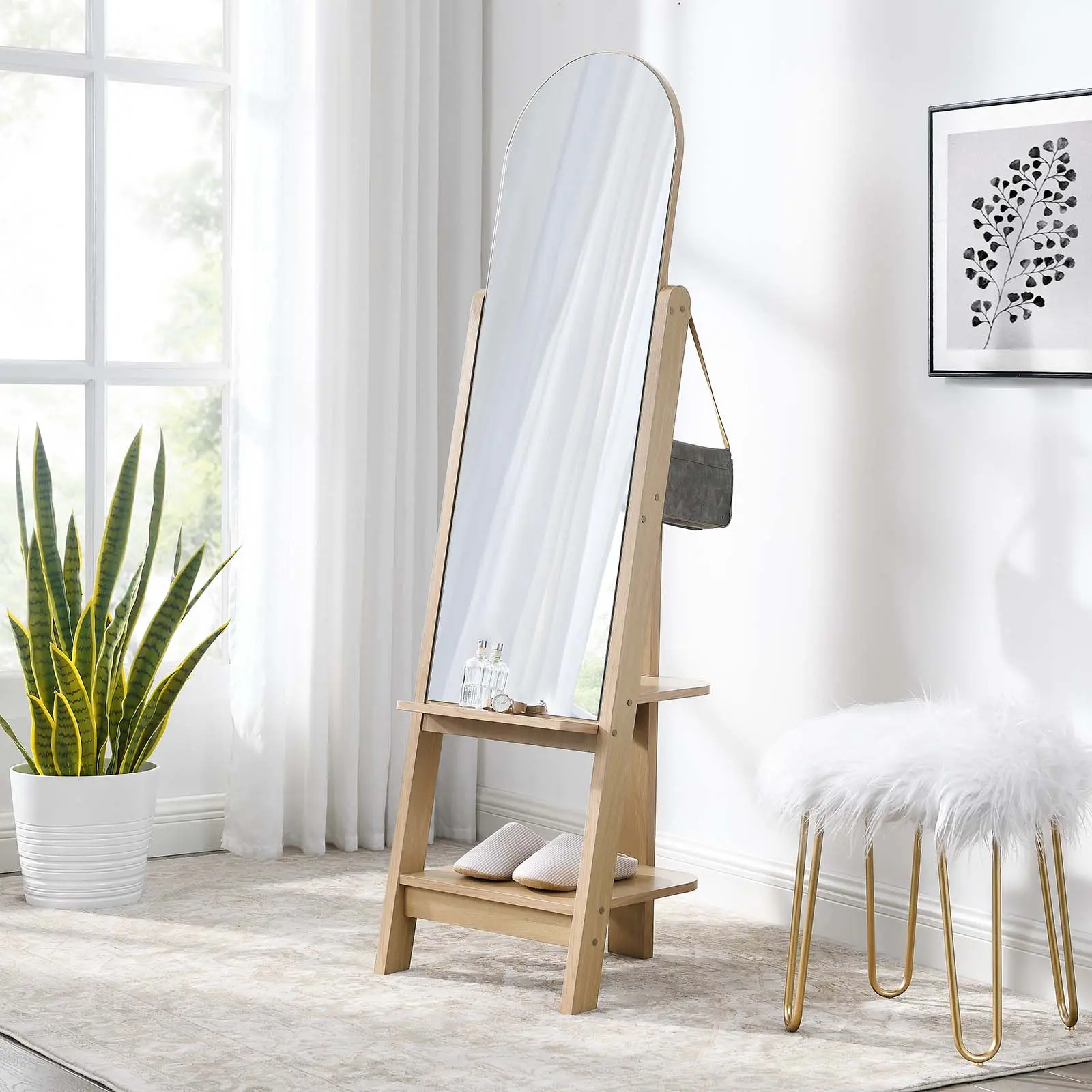 Modway Ascend Standing Mirror - Oak Finish, Glass Surface, Hanging-Ready, Shelf-Integrated Home Decor for Living Room