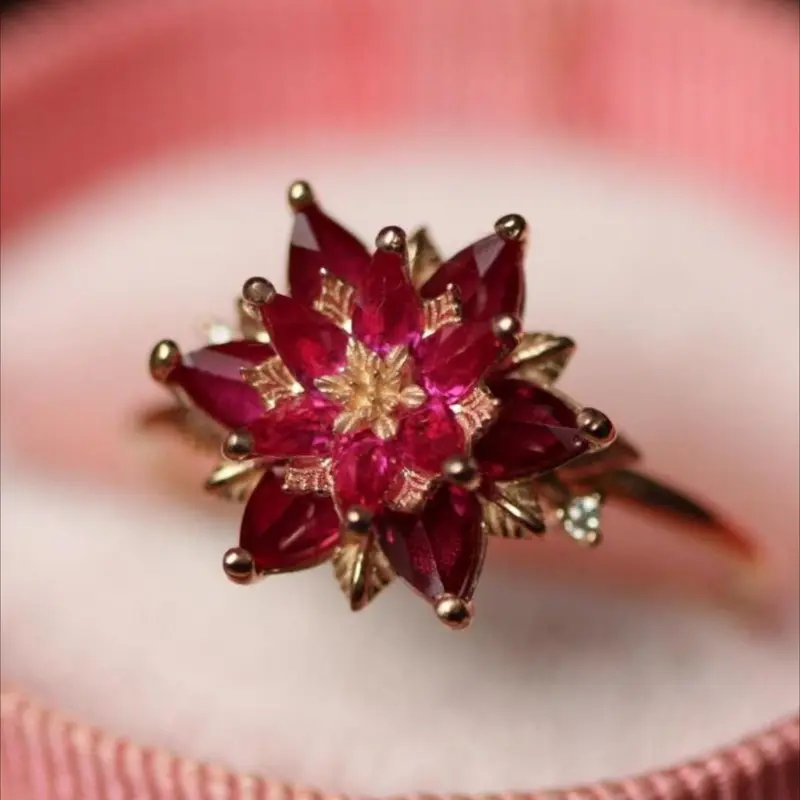 Vintage Hanmade Red Cubic Zirconia Lotus Flower Engagement Ring for Women, Beautiful Rings, Unique Golden Ring Birthstone Floral Ring Party Jewelry Statement Ring Birthday Anniversary Gift Vintage Rings Jewelry Engagement Rings Vintage Bridal Ring