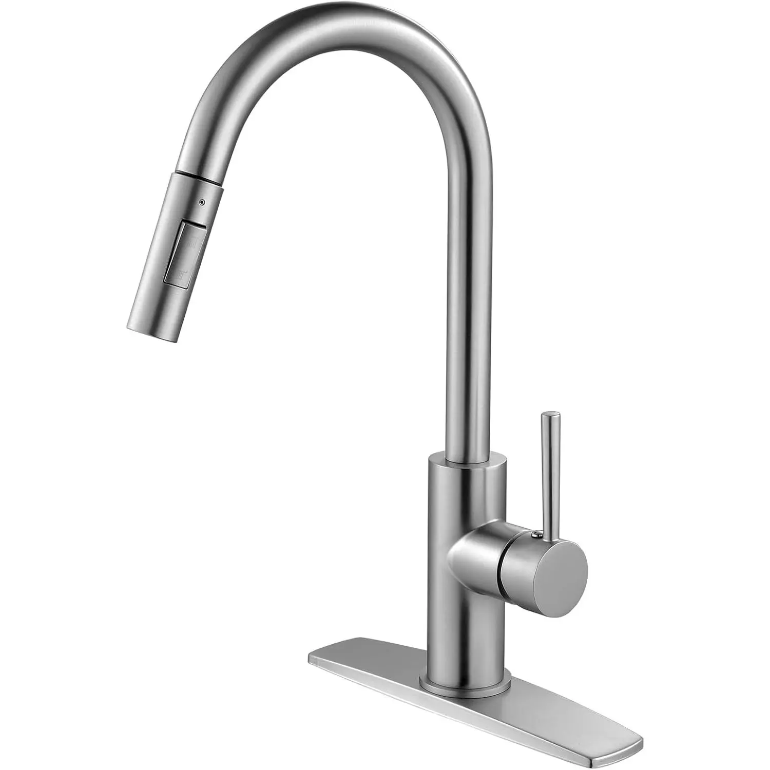 Brushed Nickel Stainless Steel Kitchen Faucet with Pull-Down Sprayer, High Arc Gooseneck, Single Handle, CUPC Ceramic Cartridge and Deck Plate