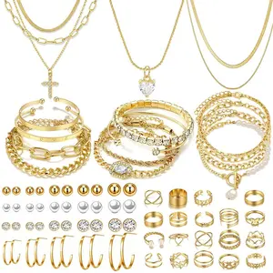 57pcs Gold Jewelry Set With 3 PCS Necklace, 12 PCS Bracelet, 20pcs Hoop Stud Earrings, 22pcs rings set For Women For Birthday Gifts