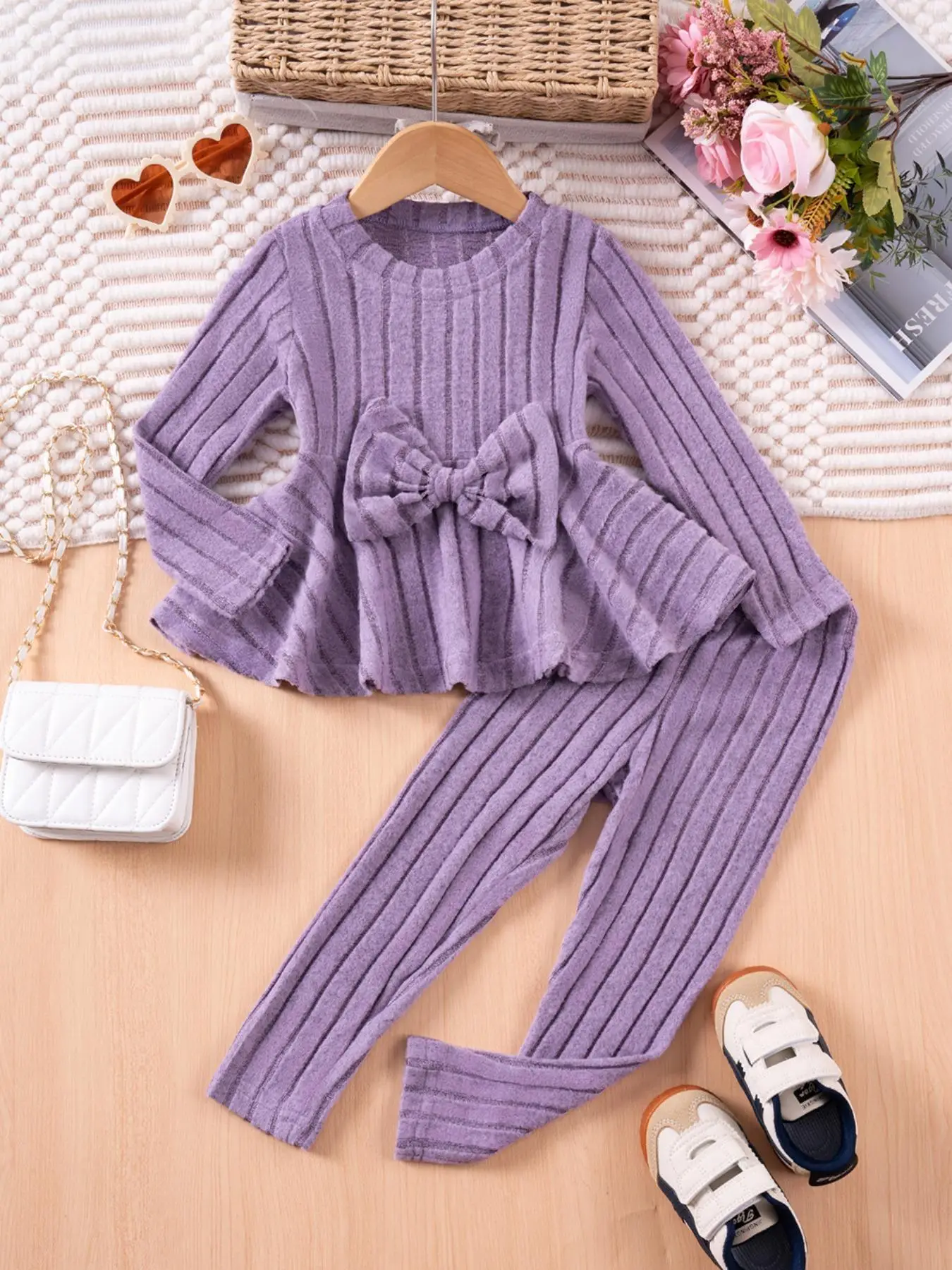 Two-Piece Set Girl's Solid Ribbed Bow Decor Crop Top & Flare Leg Pants Set, Cute Fashion Casual for Daily Outdoor Wear, Girls Set for Spring Fall