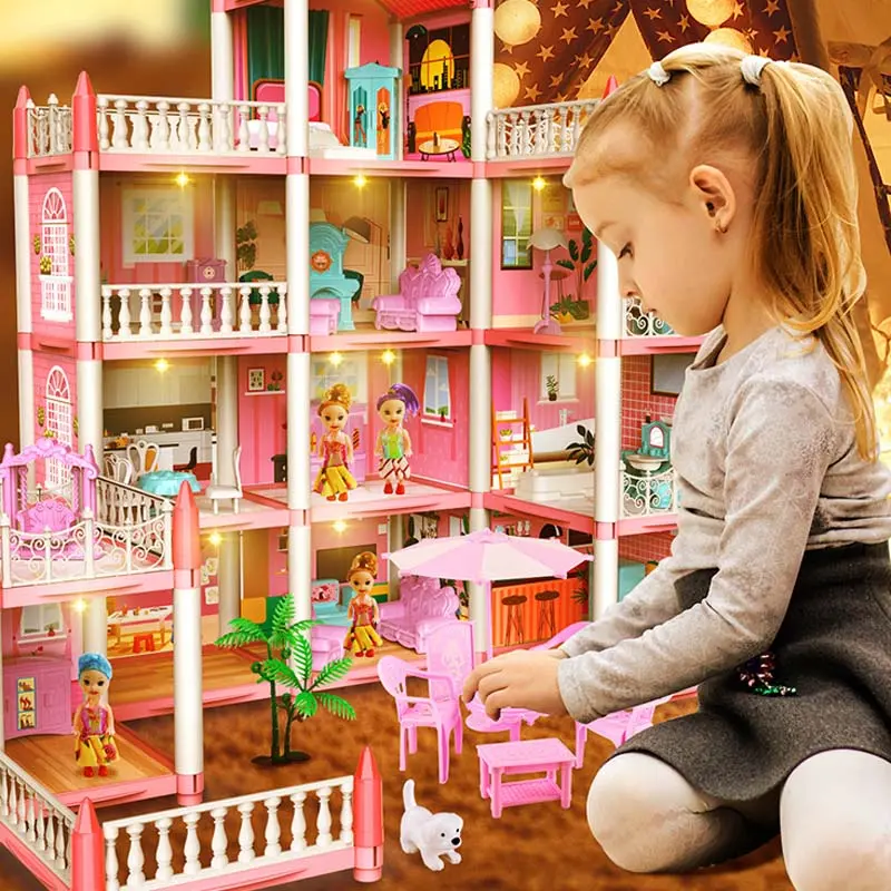 Dream Princess Castle Villa Pretend Playhouse Set, Girls Light-Up Role Play Toy, 11 Room DIY Building Kit, Educational Gift for Kids