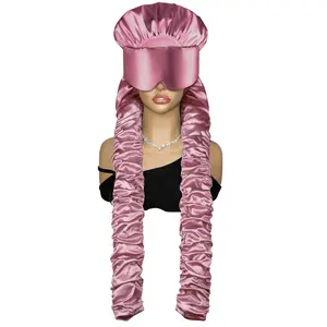SeSe Code Extra Long Pleated Side Bands Bonnet with Eye Mask Elastic No Slip Hair Care Styling Cap