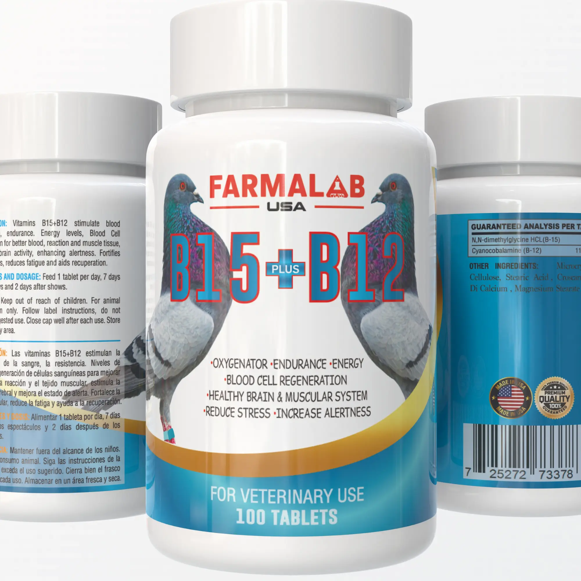 FARMALAB B15 & Cyanocobalamine (B12) Bird Vitamin Tabs, 100 Tablets Energy Formula for Racing Pigeons - 7 Days Health Care Support: Boost Endurance, Enhance Blood Oxygenation, Aids Brain Function, Blood Cell Regeneration, Alertness, Nutritional Needs, End