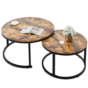 DWVO Wood Round Nesting Coffee Table Set of 2, Snack End Table with Metal Frame for Living Room, Rustic Brown