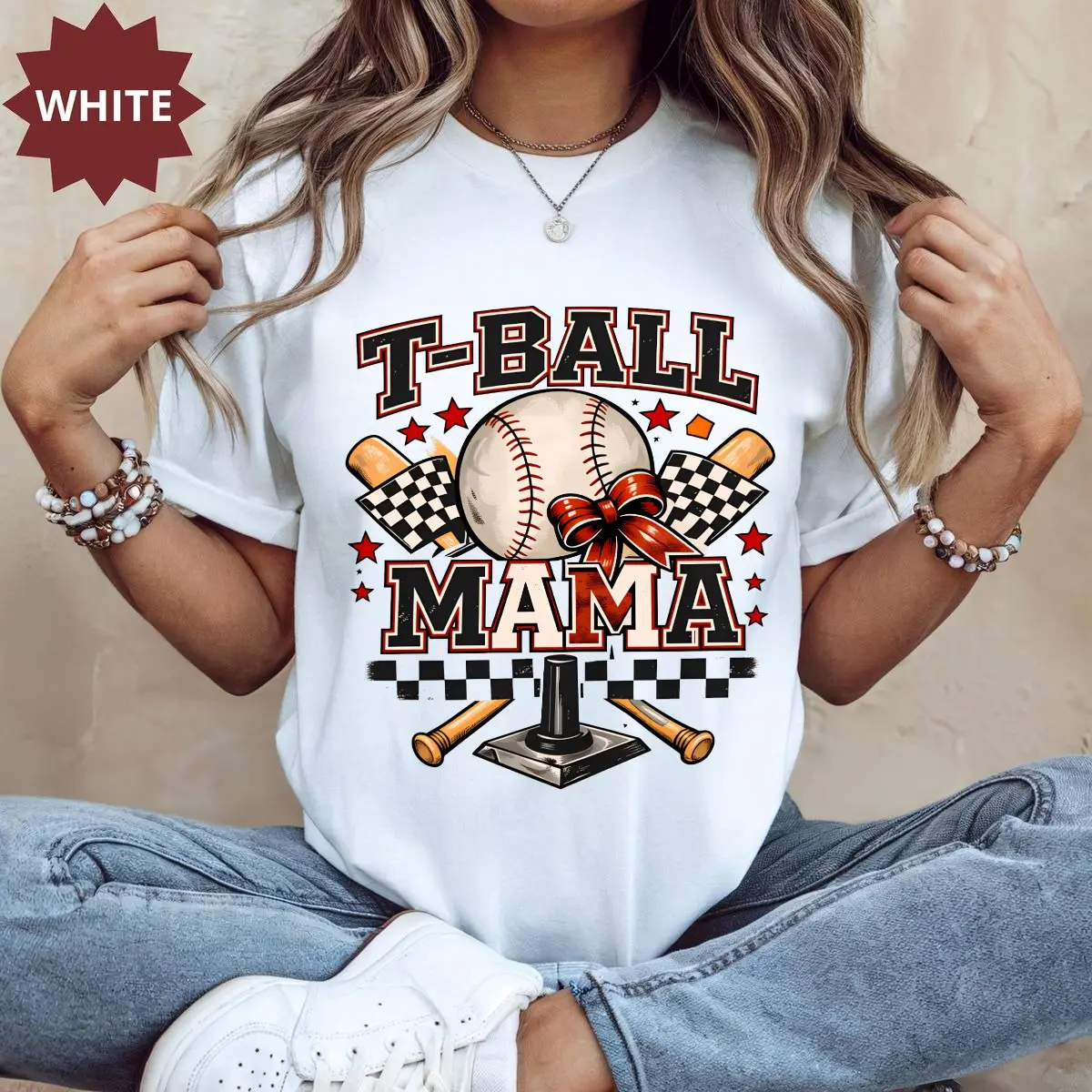 T-Ball Mama Shirt, Vintage Baseball Mom Round Neck Casual Top, Checkered Bow Sports Graphic T-Shirt,Machine Washable All-seasons Comfort Fit,Soft Material,Size S-5XL