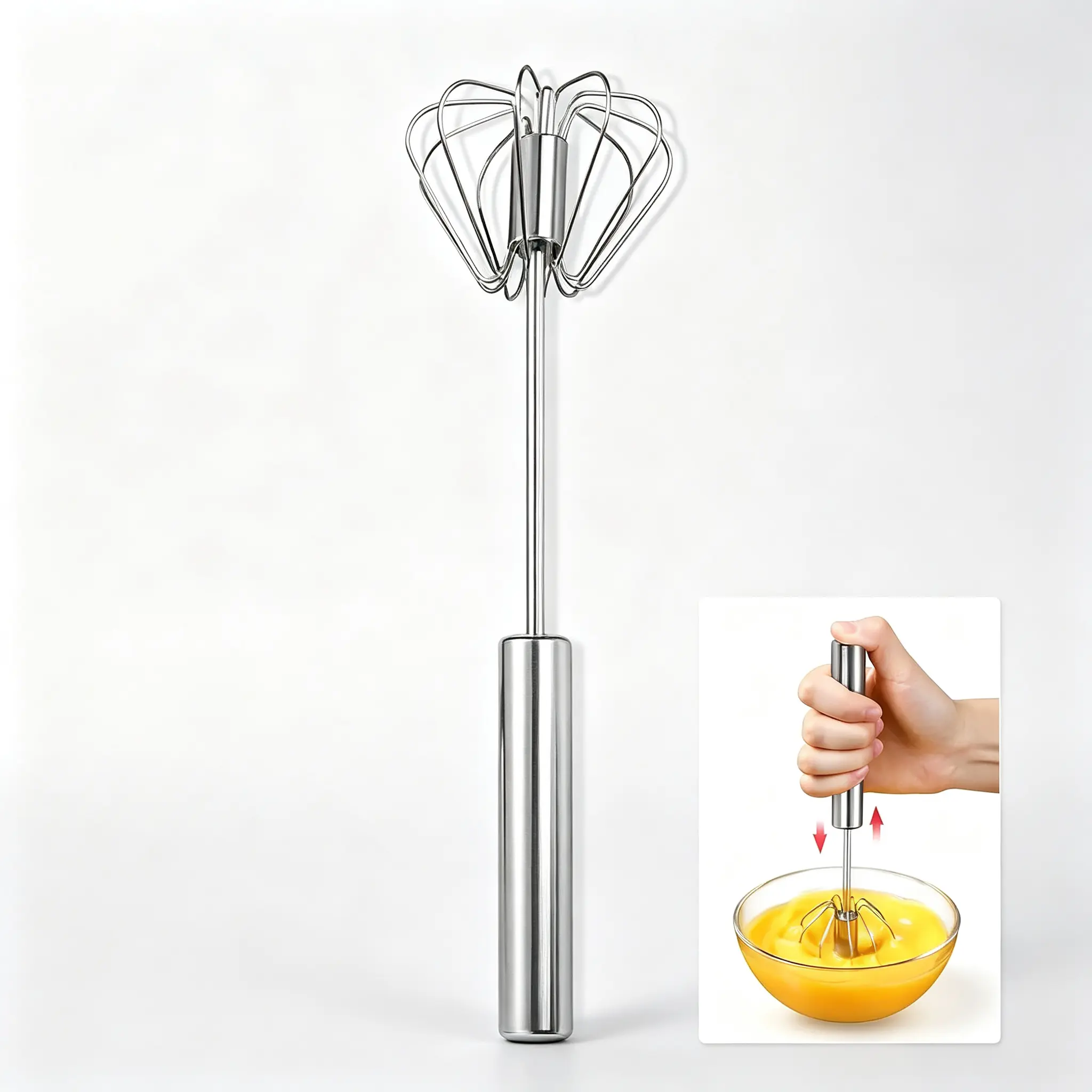 Stainless Steel Spring-Drive Semi-Automatic Hand-Push Rotary Whisk, Food-Grade Rust-Resistant Egg Beater with Sturdy Riveted Construction, Easy-to-Clean Kitchen Utensil for Whisking, Beating