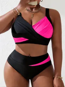 Women's Plus Size Bikini Set, Sexy Slim-Fitting Cross-Back Colorblock, Beach Swimwear, Hot Spring Vacation, All Season, Swim Top Set