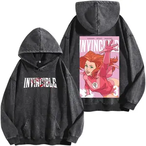 Invincible S4 Conquest Washed Hoodie Vintage Black, Superhero Anime Comic Streetwear, Strong Villain Character Fan Hoodie 2026