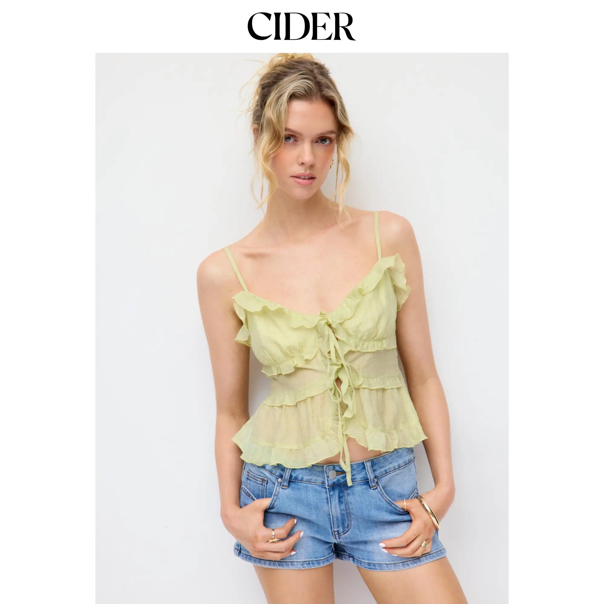 Cider Textured Lyocell-blend V-Neck Ruffled Tie Front Cami Blouse