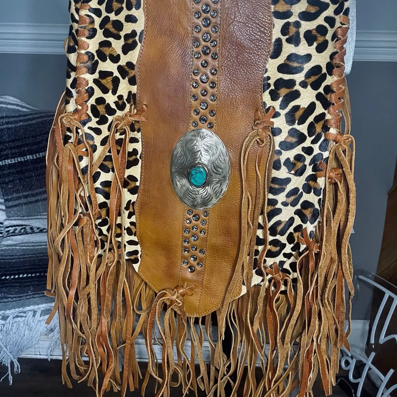 Women's Cheetah and Leather Crossbody Purse with Adjustable Strap