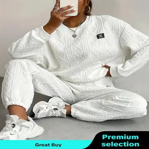 Women's Solid Patched Drop Shoulder Sweatshirt & Elastic Waist Pants Coordinate, Casual Fashion Comfortable Cozy Round Neck Long Sleeve Pullover & Trousers for Daily Wear, Ladies Two-piece Outfits for Fall & Winter,  Matching Sets for Women, Womenswear