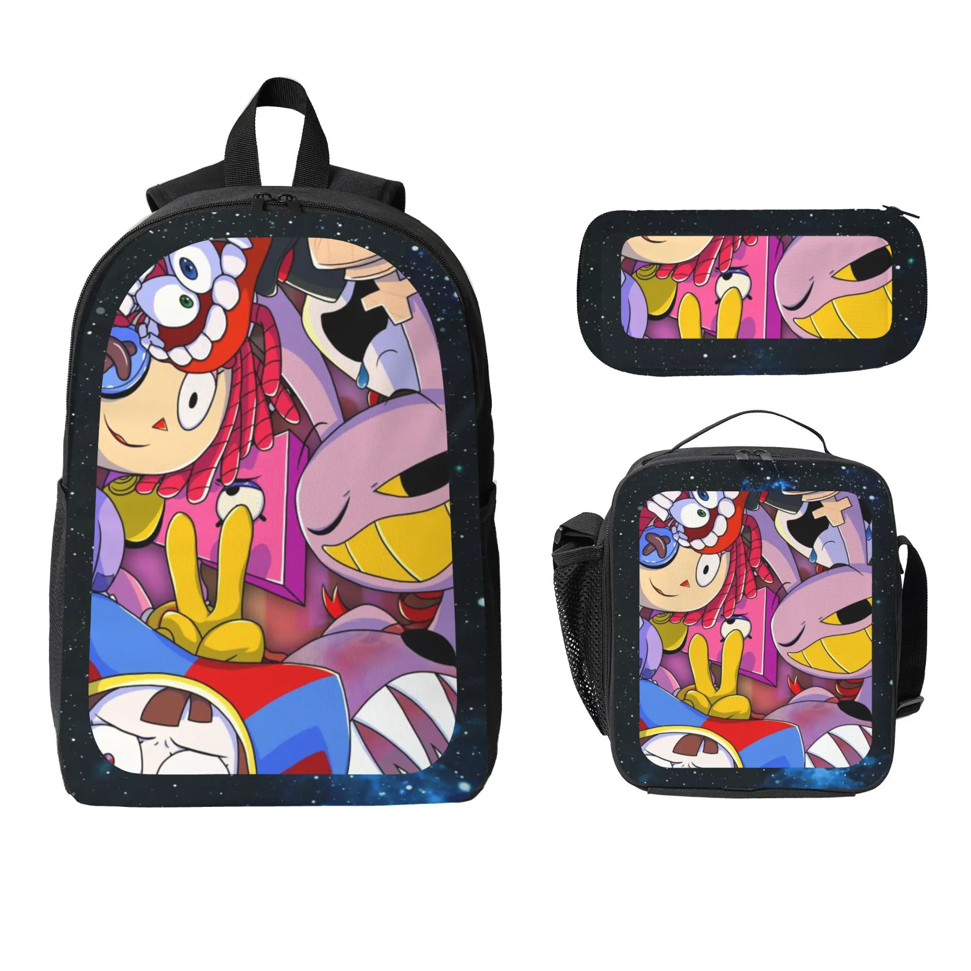 Digital Circus Inspired 3PCS Backpack Set, Cute Cartoon Character School Bag with Lunch Bag & Pencil Case, Large Capacity Laptop Backpack for Kids Teens, Fun Aesthetic School Supplies Gift