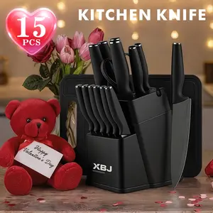 XBJ Premium 15-Piece Stainless Steel KitchenKnife Set with Built-in Sharpener |includes ChefKnife, Japanese Knife, Meat Cleaver, Bread KnifeSteak Knives & Scissors|Washable, PlasticHandles | Perfect Gift Set,Block,Pink Serrated Stainless steel cutlery set