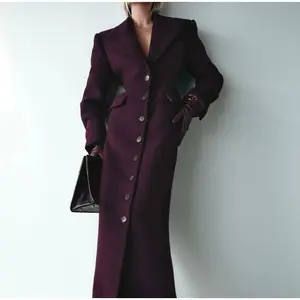 Women's Wool Coat Elegant Turn-Down Collar High-Waisted Long Wool Coat