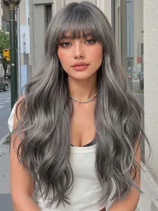 24 Inch Long Curly Synthetic Wig with Bangs, Wavy Synthetic Hairpiece, Deep, Natural Comfort, Easy Maintenance, Suitable for All Ages, Party and Halloween