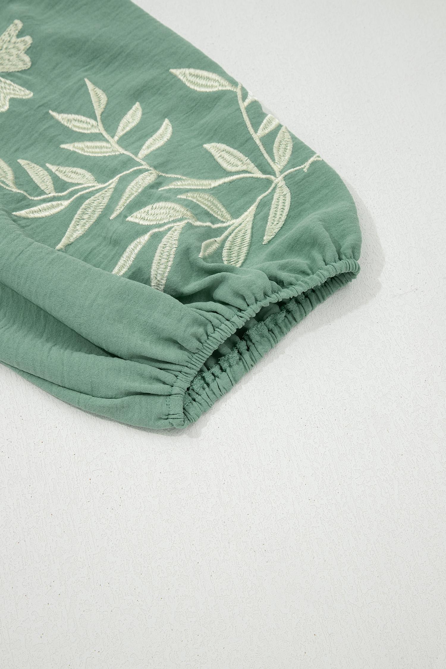 Women's Smoke Green Color Block Patchwork V-Neck Embroidered Puff Sleeve Babydoll Blouse, Casual Everyday Flowy Summer Tops for Women, Cute Preppy Peplum Shirts, Chic Boho Embroidered Blouses, Romantic Aesthetic Apparel