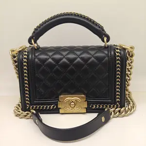 Pre-owned CHANEL Leboy Top Handle Bag in Black Quilted Calfskin Leather with Aged Gold Tone Hardware and Chain Strap 9.8”L x 3”W x 5.5”H
