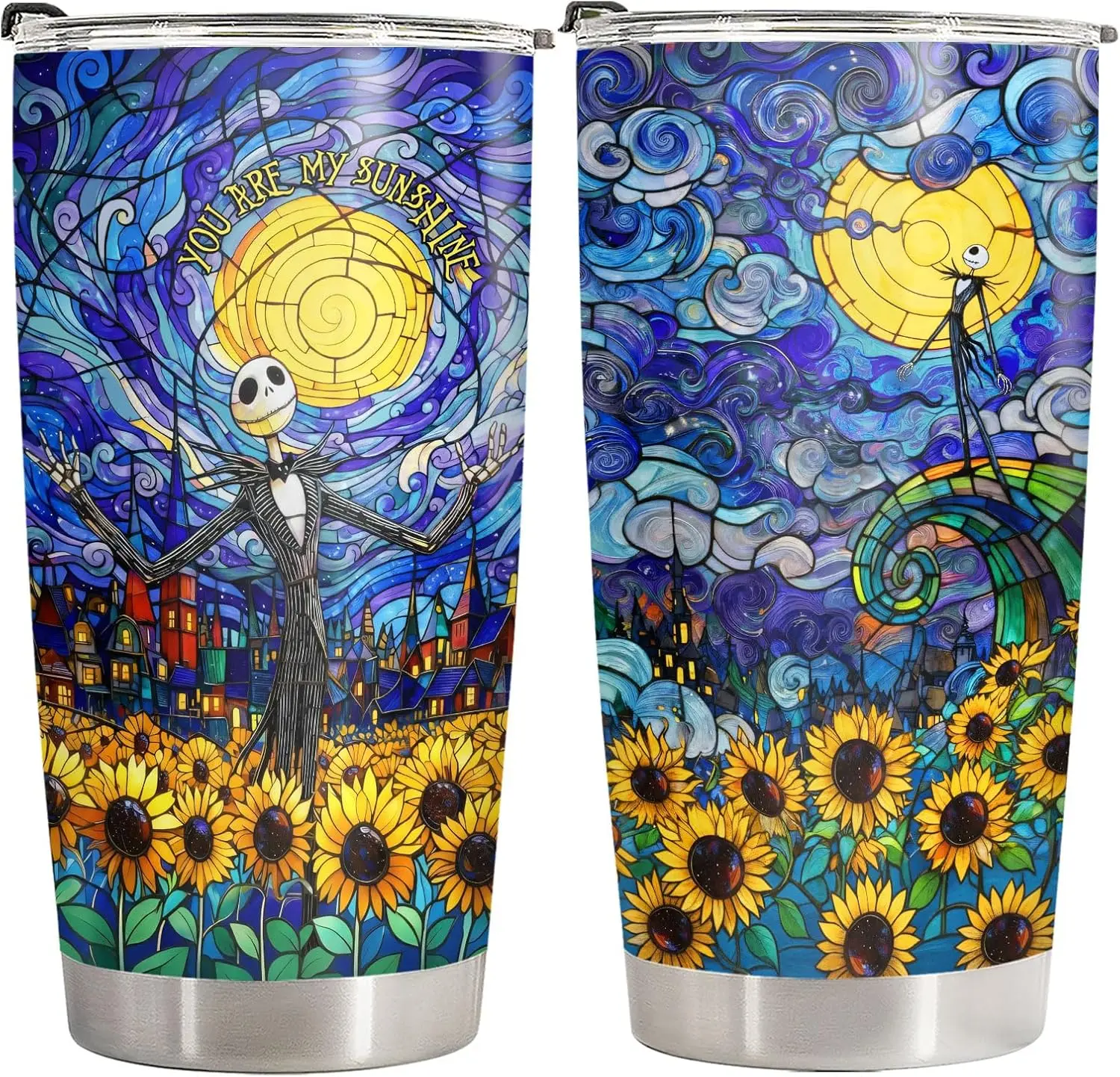 Jack Skeleton Starry Nightmare Painting Tumbler 20oz Stainless Steel Insulated Travel Mug Sunflower Stained Glass Art Coffee Cup Movie Fan Gifts for Men Women Birthday