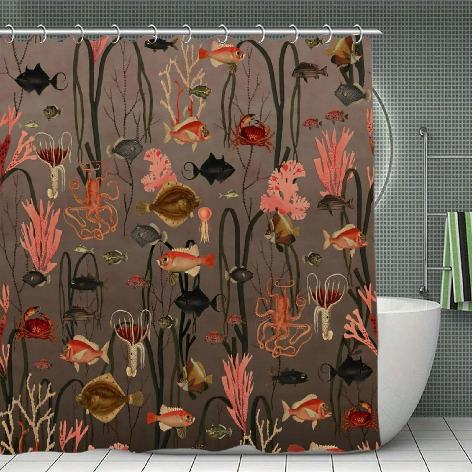Vintage Underwater Sea Creature Seamless Print Waterproof Plastic Shower Curtain with Stainless-Steel Grommets, Ocean Nautical Bathroom Decor for Bathtub & Window Use, 180X180cm