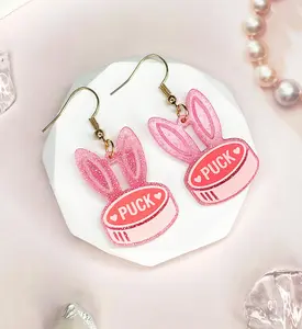 Women's Ice Hockey Campus Merch Dangle Earrings, Pink Glitter Bunny Ear Drops for College Sports Game Day & Daily Wear