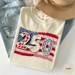 [PRINTED] Comfort Colors Faux Patchwork Usa Flag Shirt, 250th Birthday Tee, Anniversary America, Not REAL Patchwork, Printed Shirt Gift For Women
